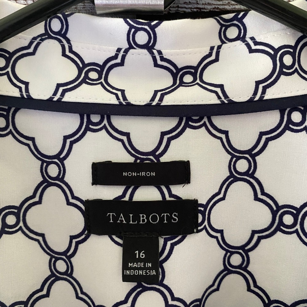 Talbots Women's Long-Sleeved‎ Button-Down Top Size 16 Non-Iron White Navy Blue - Picture 5 of 6